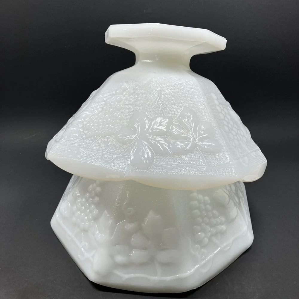 Anchor Hocking Footed Bowls Harvest Grape 8.5in White Milk Glass Vintage Pair
